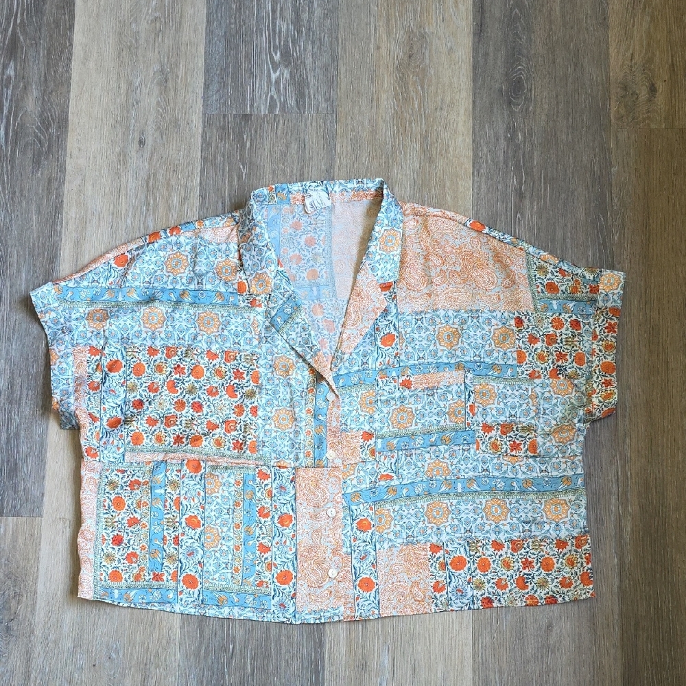 Women's Patchwork Button-Front Blouse - Orange & Light Blue
